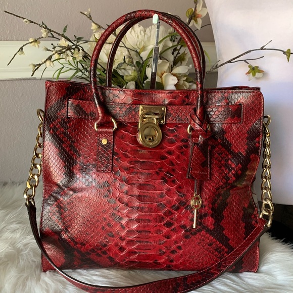 Michael Kors Red Leather Hamilton Tote Bag Large Exotic Python Purse - Picture 1 of 16